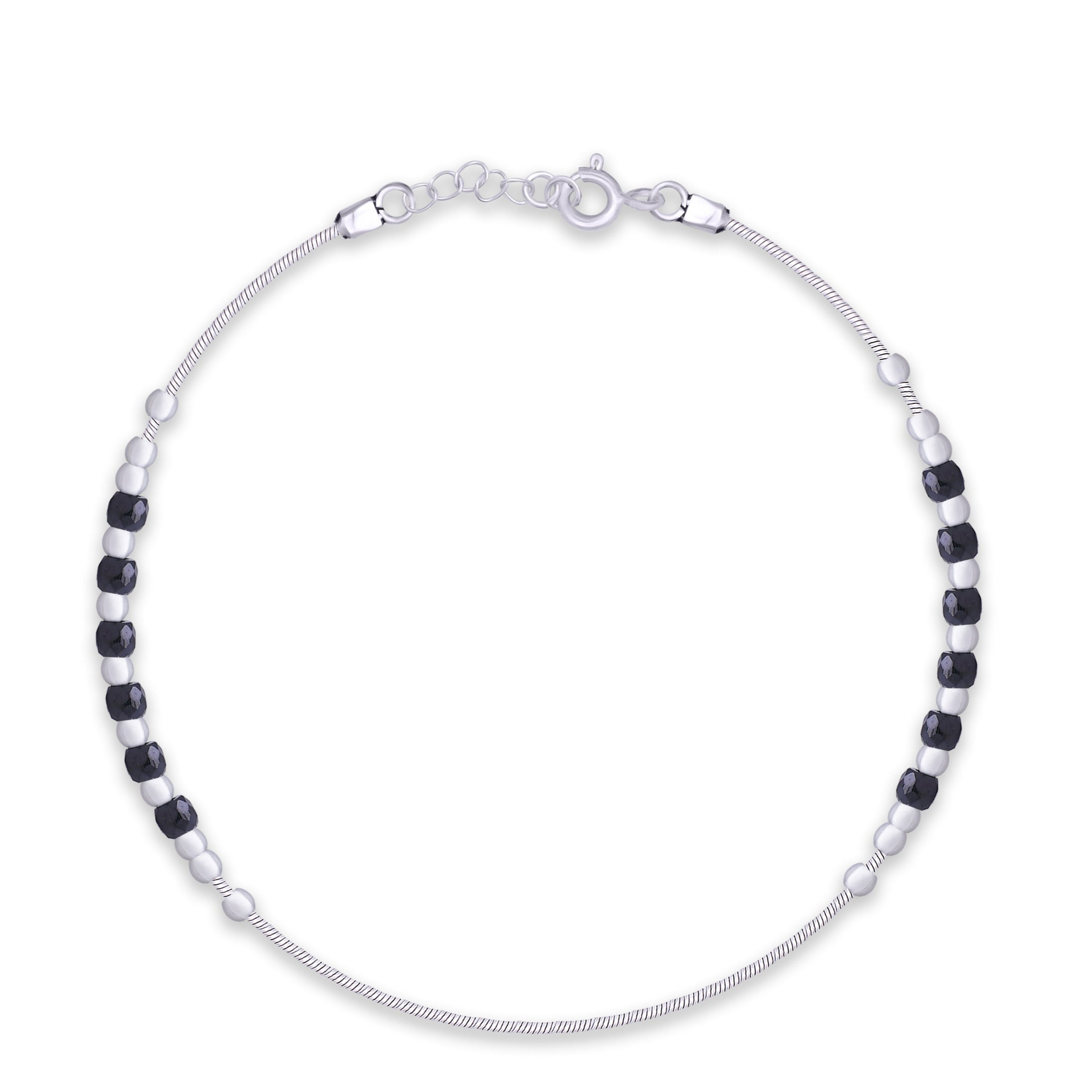 Black Beads Silver Beads Length Anklet in 925 Silver- Single