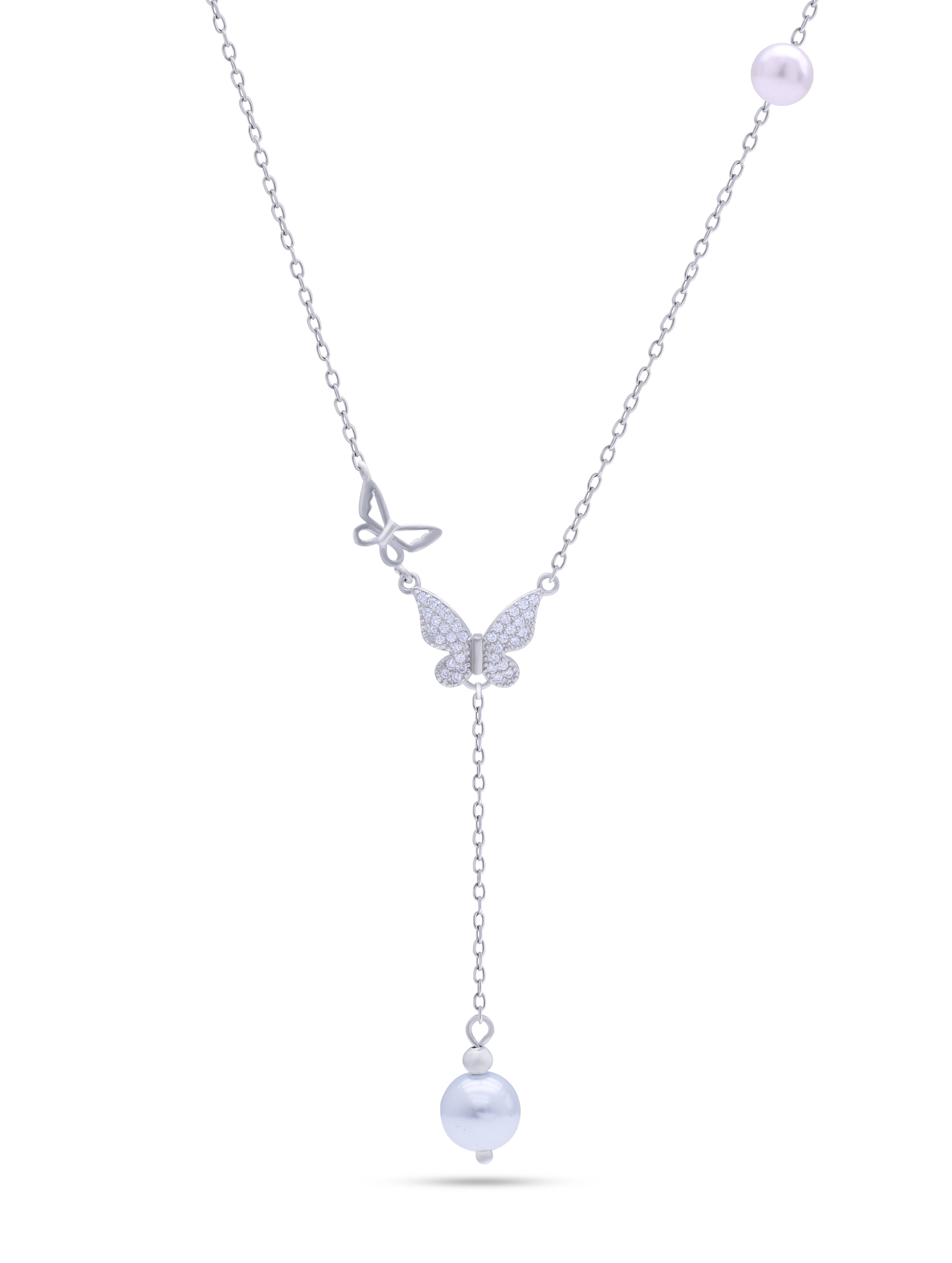 Butterflies With Pearls Pure Silver Long Chain