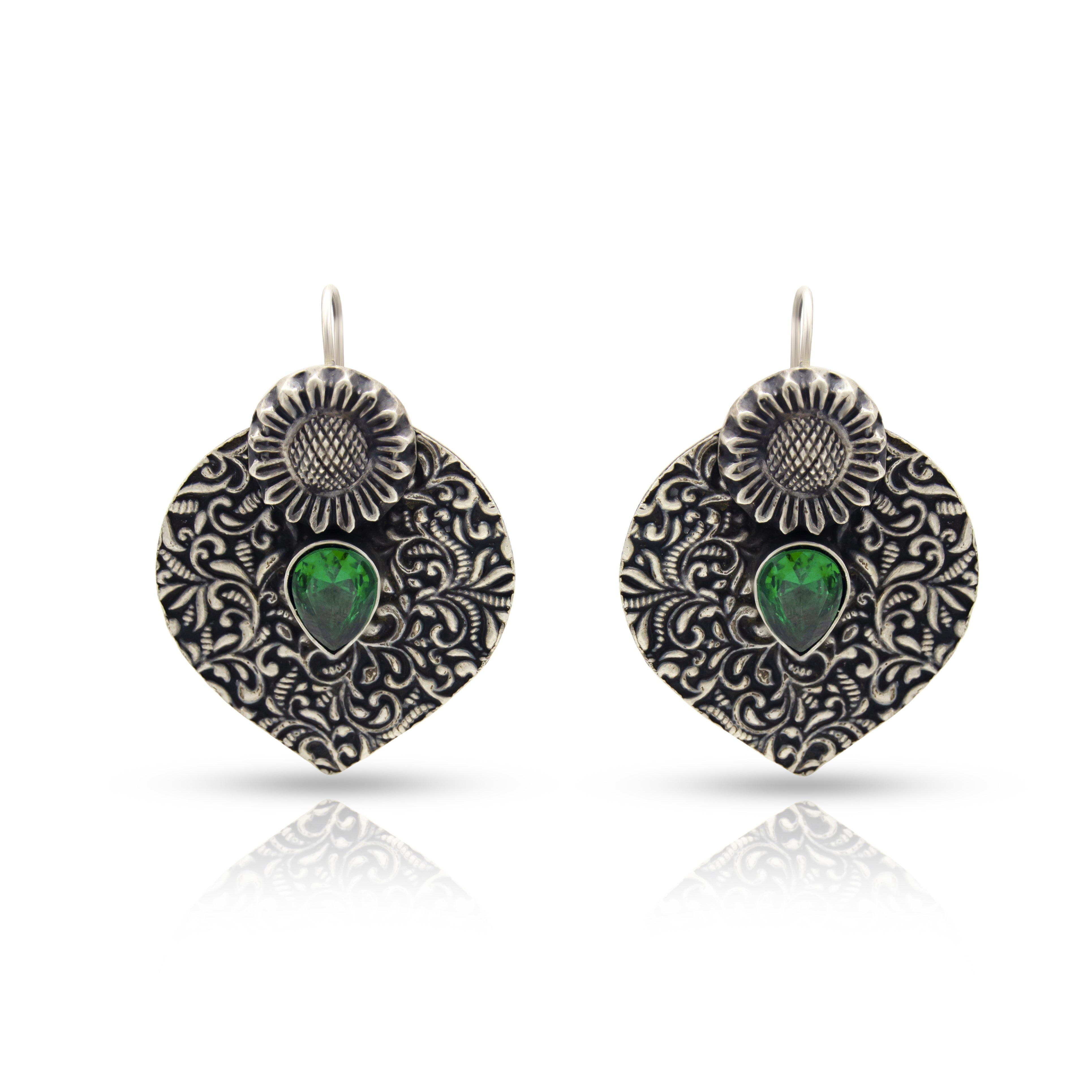 Green stone leaf with patterns ovoid jhumkas