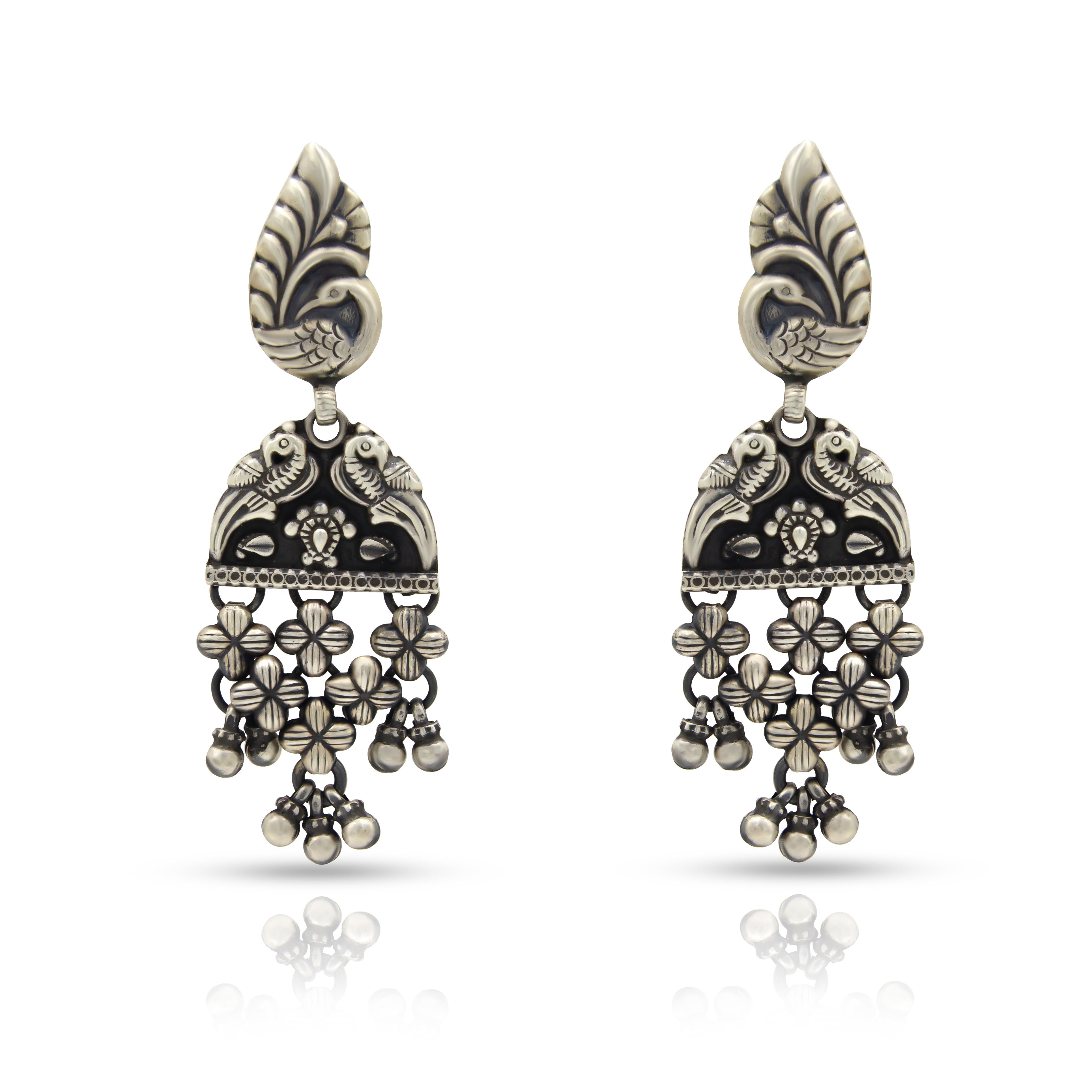 Peacock and birds hanging 925 oxidised silver jhumkas