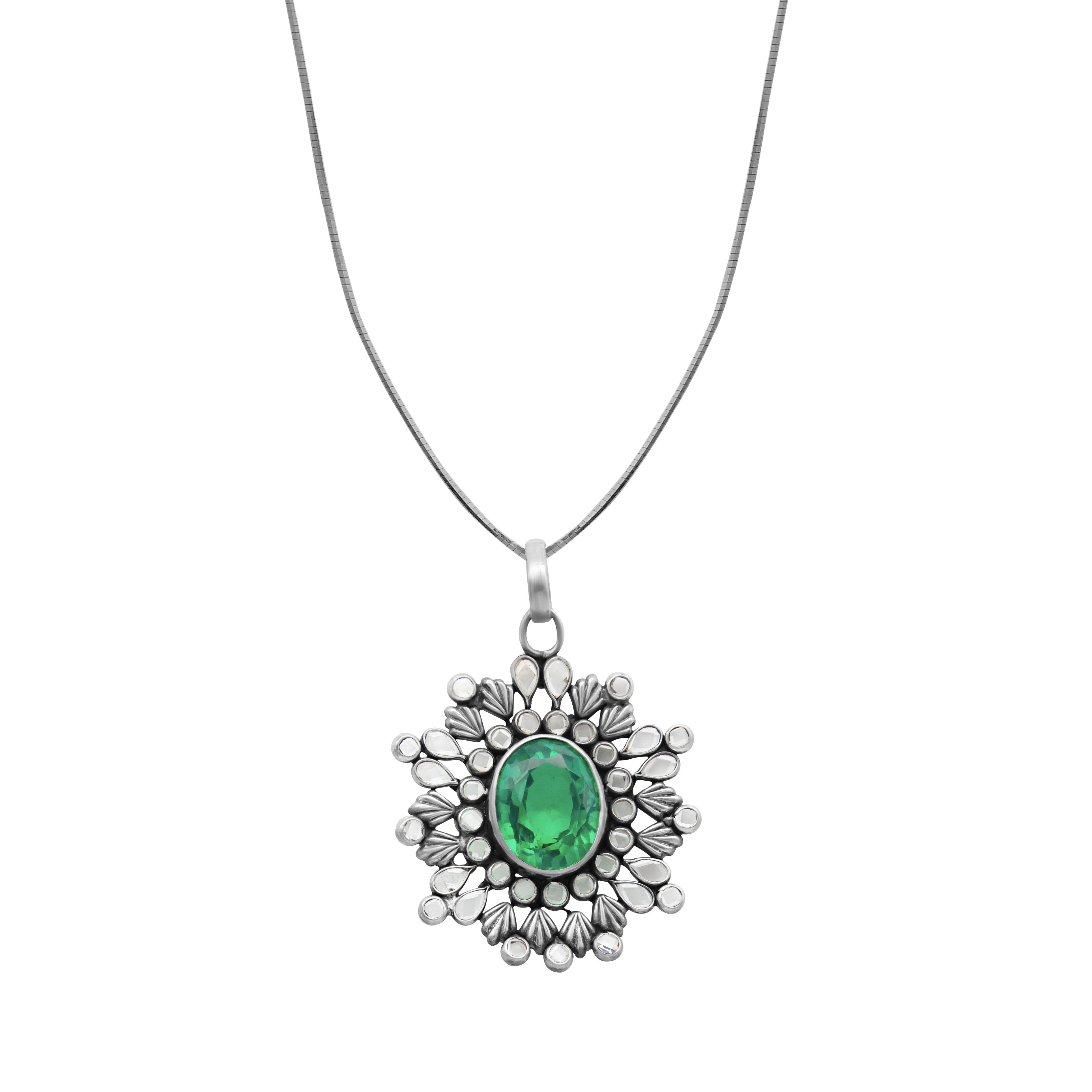 Emerald stone 925 oxidised silver pendant with minimal chain