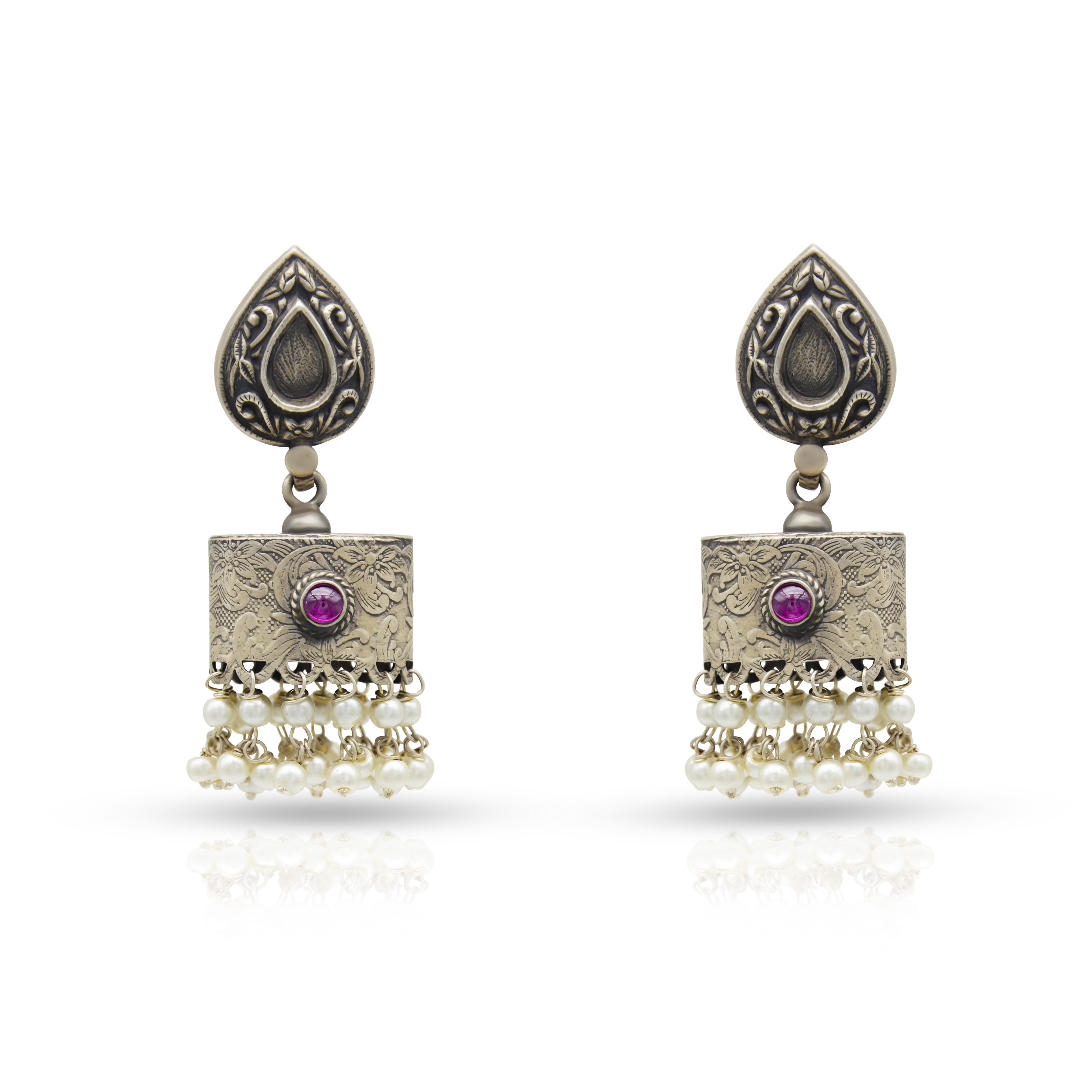 Ancient Love white silver 925 oxidised silver drop jhumkas