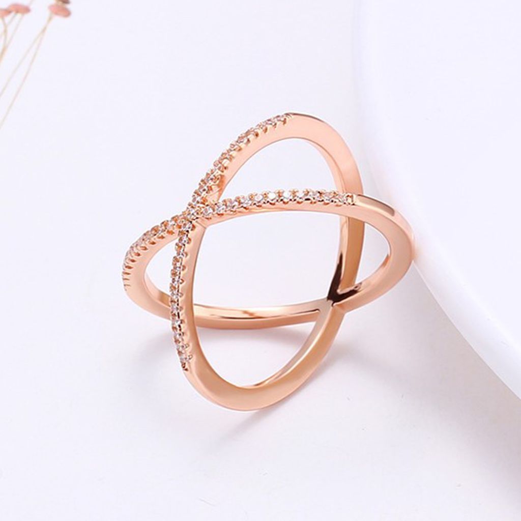Zircon Stones Crossed Pure Silver Minimal Ring in Rose Gold polish